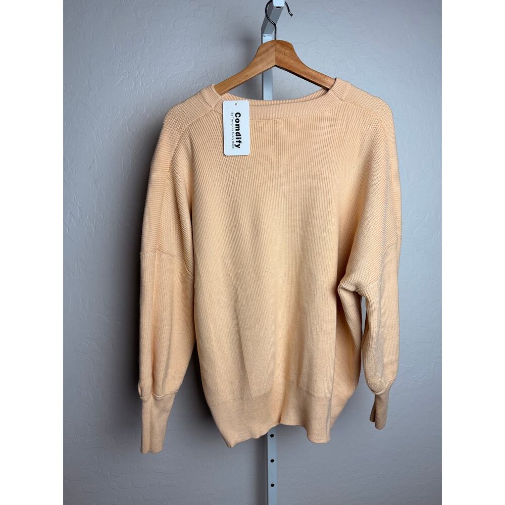 Womens XL Beige Ribbed Knit Oversized Sweater Soft Crewneck